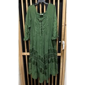 HolyClothing Dress 2X Green Boho Renaissance Hand Embroidered Lace Fairy FLAW